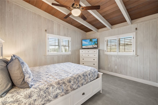 bedroom featuring lofted ceiling with beams, wooden ceiling, wooden walls, and ceiling fan