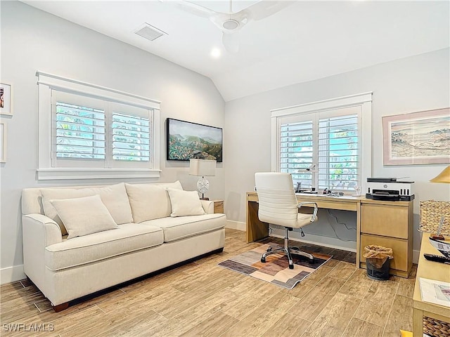 office area with ceiling fan and lofted ceiling