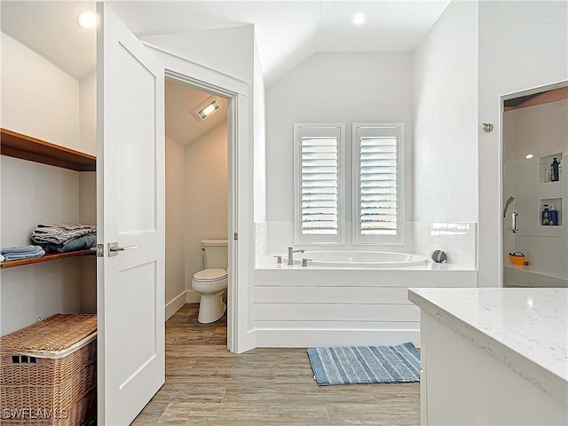 bathroom featuring a washtub, vanity, toilet, and lofted ceiling