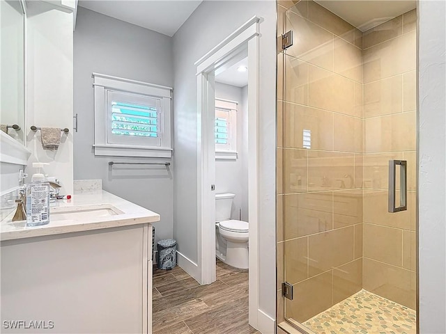 bathroom featuring vanity, toilet, and a shower with door