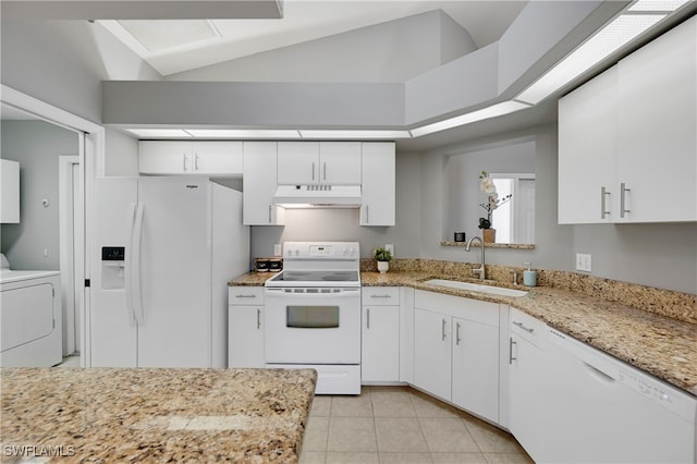 kitchen featuring white cabinets, washer / dryer, white appliances, and sink