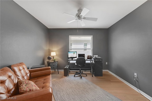 office area with light hardwood / wood-style flooring and ceiling fan