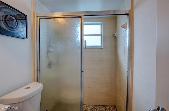 bathroom with toilet and a shower with door