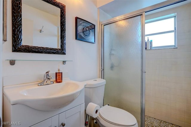 bathroom featuring toilet, vanity, and a shower with shower door