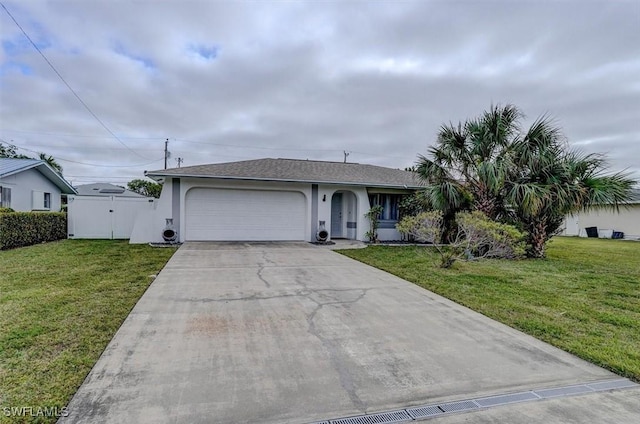 ranch-style house featuring a garage and a front yard