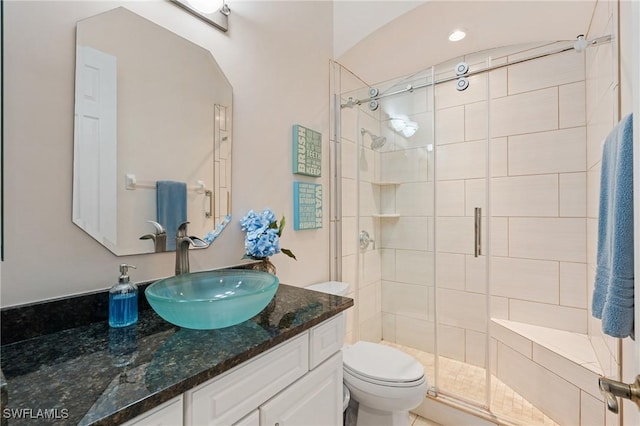 bathroom featuring toilet, a shower with door, and vanity