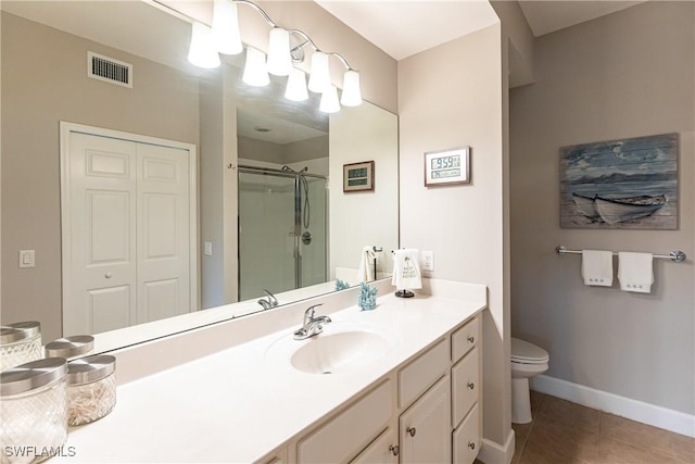 full bathroom featuring visible vents, toilet, a stall shower, tile patterned floors, and vanity