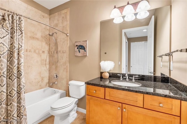 full bathroom with vanity, shower / bath combo, tile patterned floors, and toilet