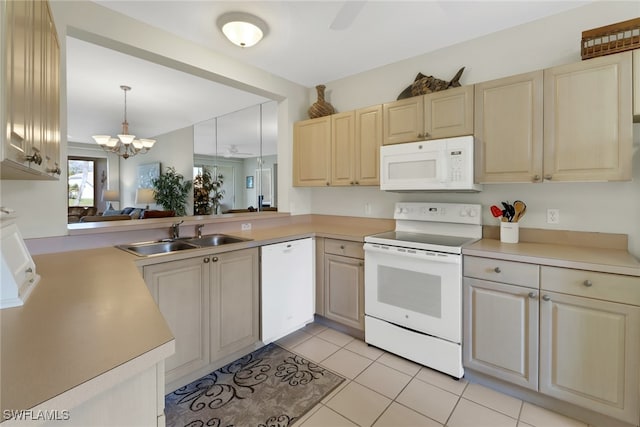 kitchen featuring pendant lighting, white appliances, sink, light tile patterned flooring, and kitchen peninsula