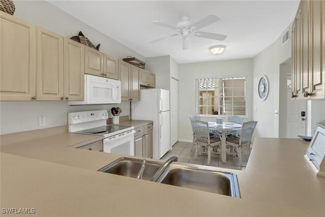 kitchen featuring white appliances, sink, ceiling fan, light tile patterned floors, and kitchen peninsula