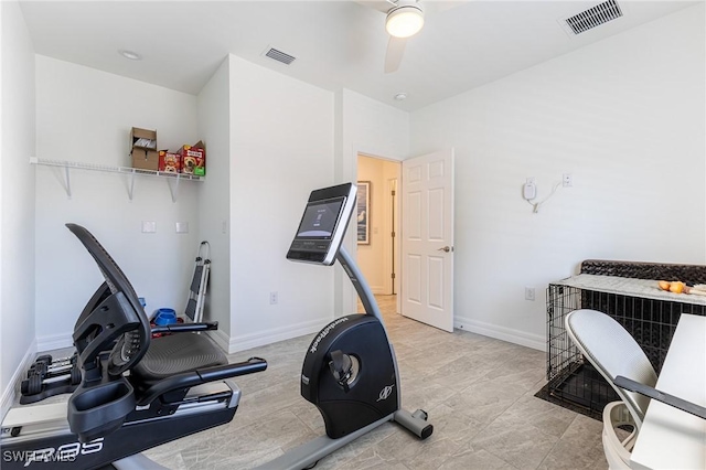 workout room with ceiling fan