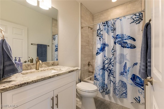 full bathroom with wood-type flooring, toilet, vanity, and shower / bath combo