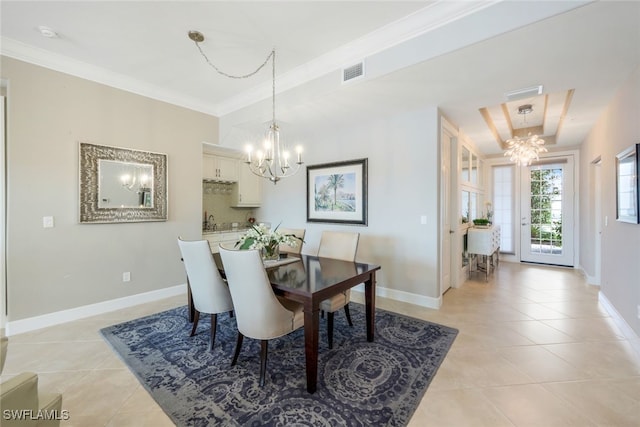 tiled dining area with an inviting chandelier and crown molding