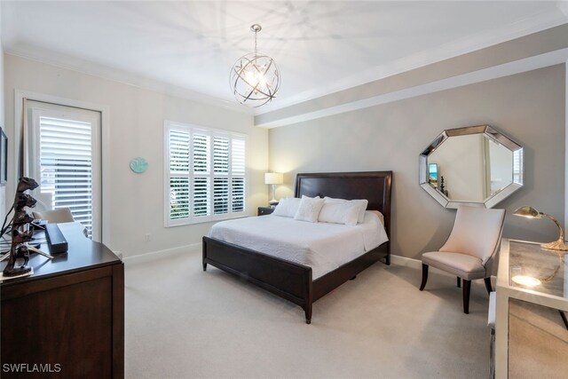 carpeted bedroom featuring a notable chandelier, ornamental molding, and multiple windows