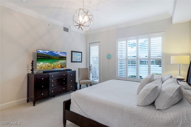 bedroom featuring ornamental molding, light colored carpet, and an inviting chandelier