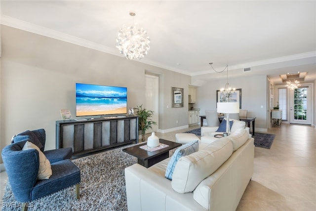 living room featuring light tile patterned floors, ornamental molding, and a notable chandelier