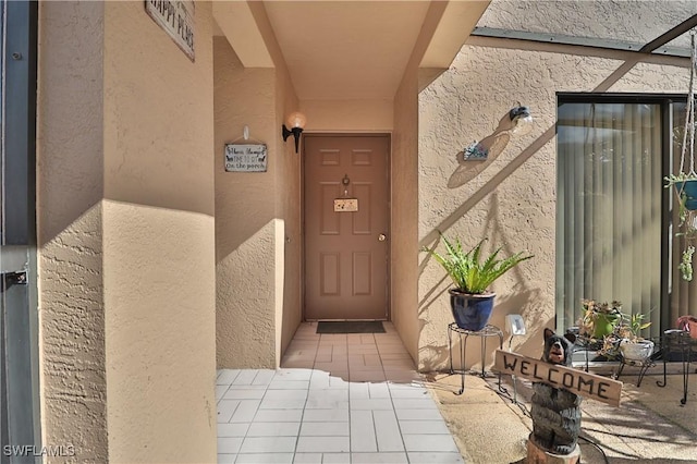 doorway to property with stucco siding