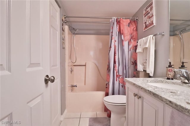 full bathroom with tile patterned flooring, vanity, shower / tub combo with curtain, and toilet