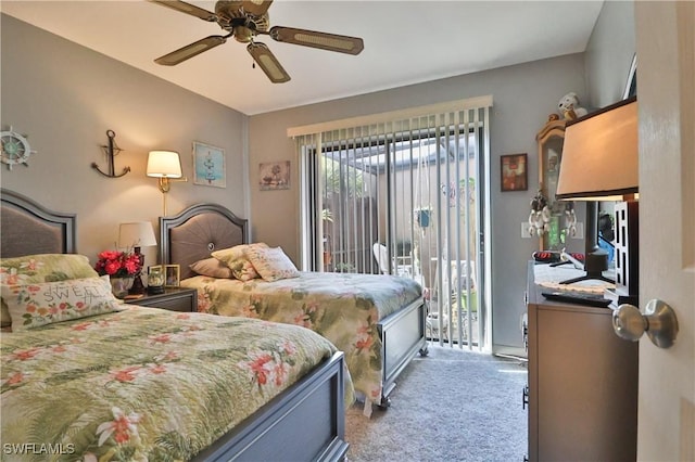 bedroom with light carpet, access to outside, and a ceiling fan