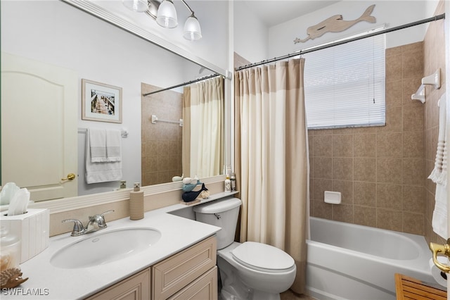 full bathroom with shower / tub combo, vanity, and toilet