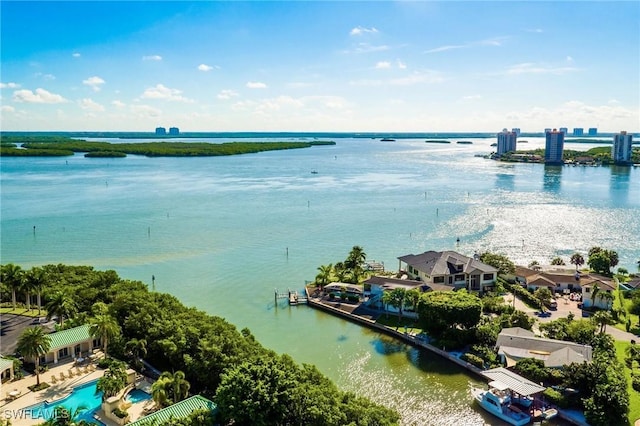 birds eye view of property with a water view