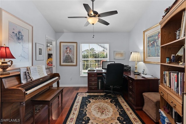 office featuring ceiling fan and dark hardwood / wood-style flooring