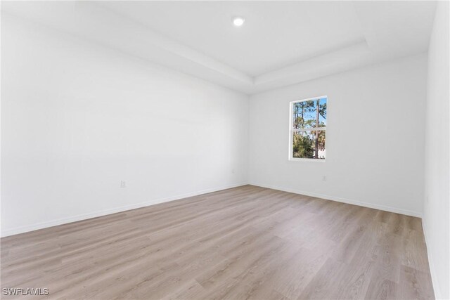 empty room featuring a tray ceiling and light hardwood / wood-style floors