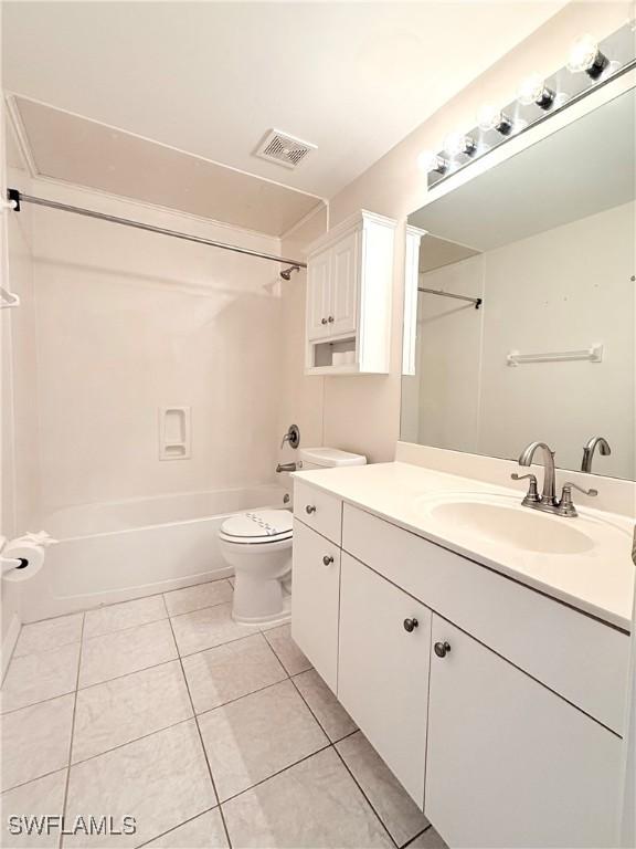 full bathroom featuring tile patterned floors, vanity, shower / bathtub combination, and toilet