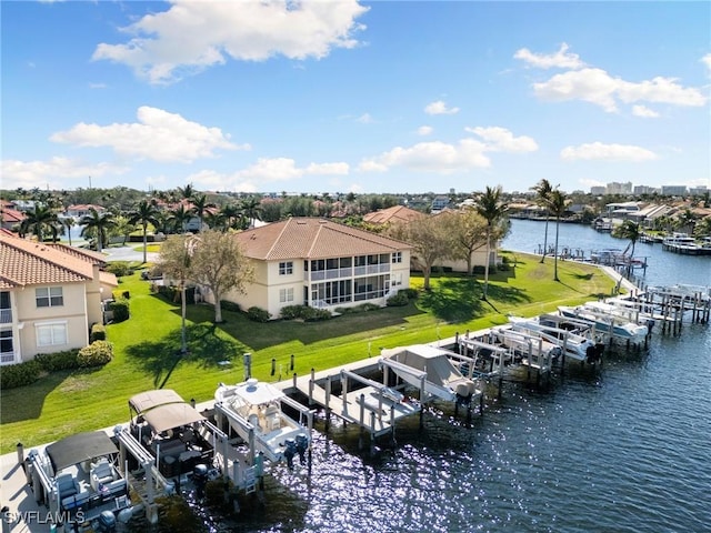 aerial view featuring a water view