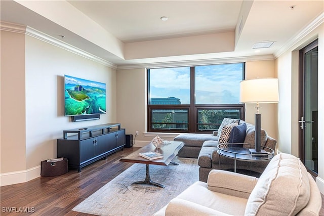 living area featuring a raised ceiling, wood finished floors, baseboards, and crown molding