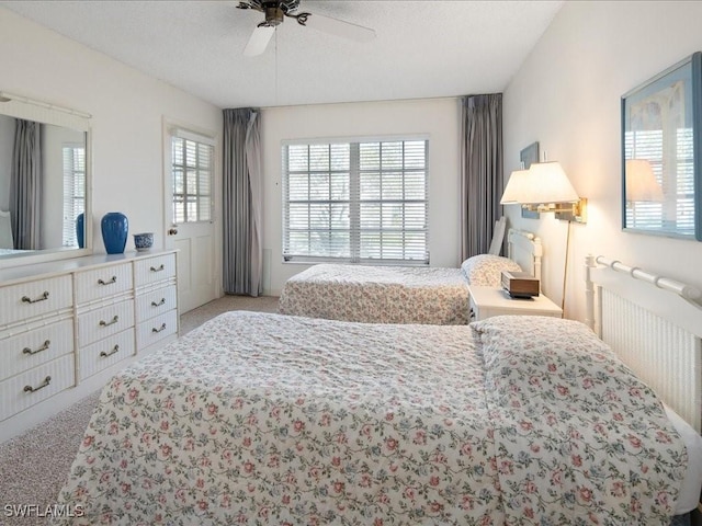 carpeted bedroom featuring multiple windows, a textured ceiling, and ceiling fan