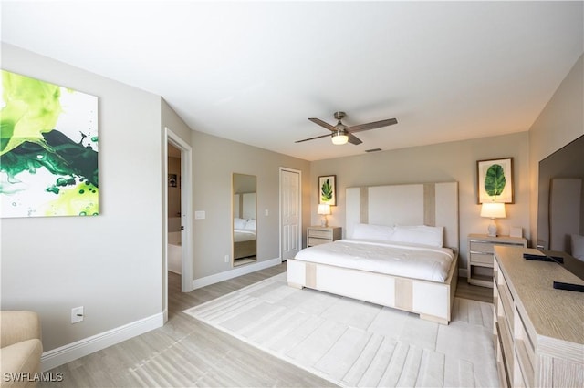 bedroom with ceiling fan, a closet, and light hardwood / wood-style floors