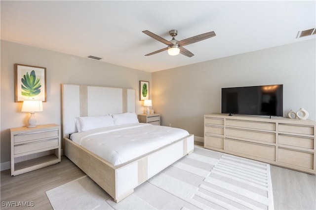 bedroom featuring ceiling fan and light hardwood / wood-style flooring