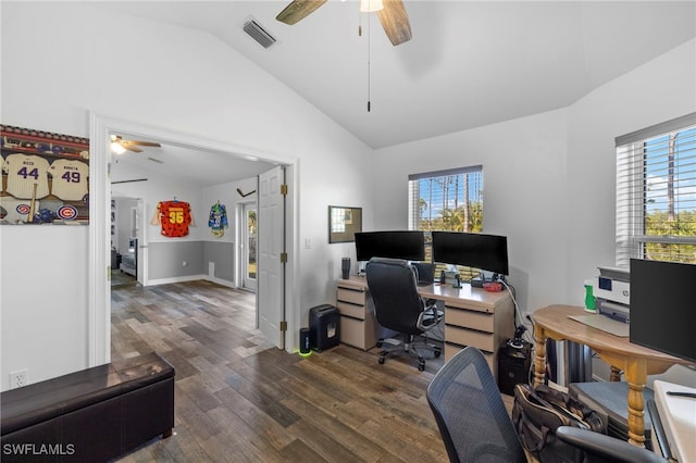 4560 Key Largo Ln, Bonita Springs, FL 34134 - home office with ceiling fan, vaulted ceiling, wood finished floors, and healthy amount of natural light
