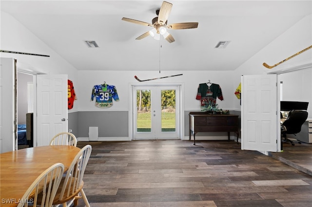 4560 Key Largo Ln, Bonita Springs, FL 34134 - dining area with vaulted ceiling, a ceiling fan, french doors, dark wood-type flooring, and an office area