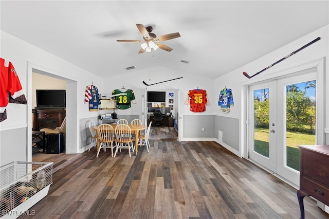 4560 Key Largo Ln, Bonita Springs, FL 34134 - dining area with vaulted ceiling, a ceiling fan, french doors, and wood finished floors