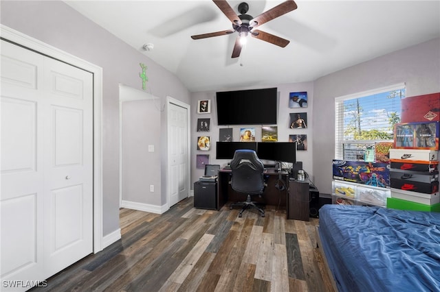 4560 Key Largo Ln, Bonita Springs, FL 34134 - office area featuring ceiling fan, wood finished floors, baseboards, and lofted ceiling