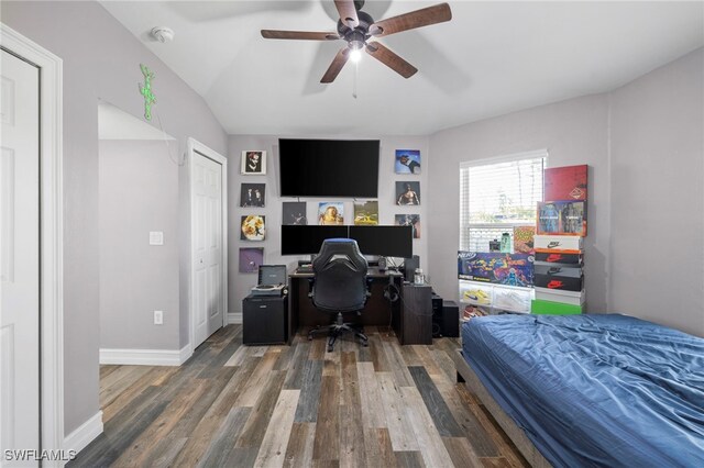 4560 Key Largo Ln, Bonita Springs, FL 34134 - bedroom featuring a desk, wood finished floors, ceiling fan, and baseboards