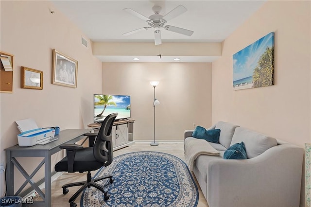 office area featuring light wood-type flooring and ceiling fan