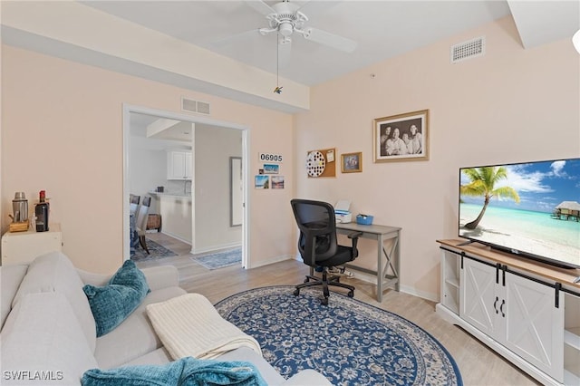 office featuring ceiling fan and light wood-type flooring