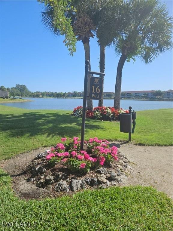 surrounding community with a water view and a lawn