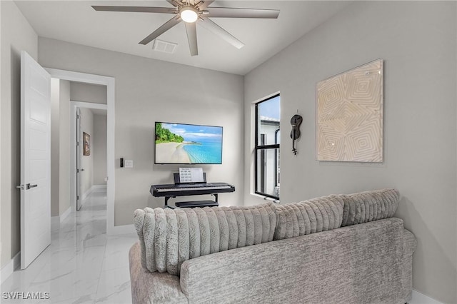 living room with ceiling fan