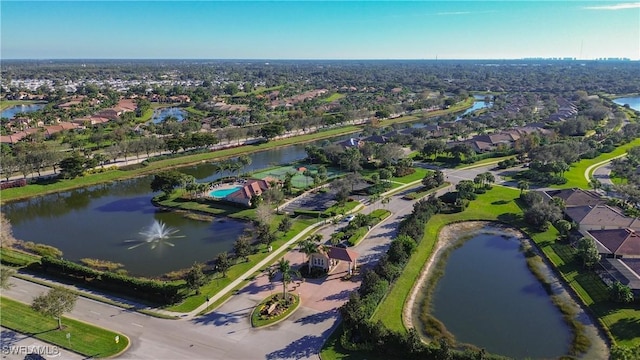 drone / aerial view featuring a water view