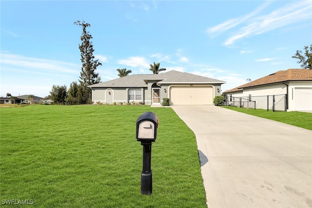 view of front of property featuring a garage and a front lawn