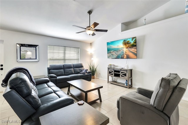 tiled living room featuring vaulted ceiling and ceiling fan