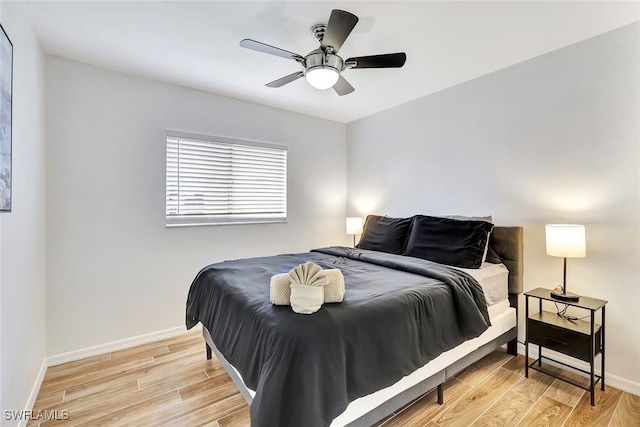 bedroom featuring light wood-type flooring and ceiling fan