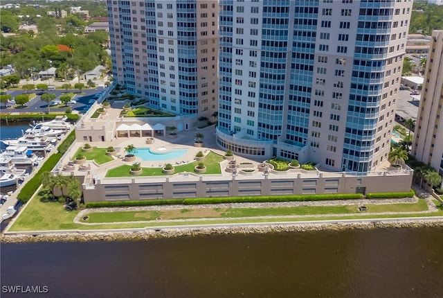 aerial view featuring a water view