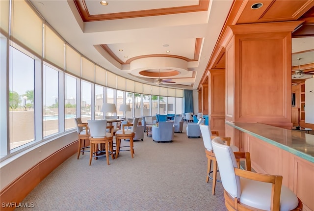 interior space with a raised ceiling, ceiling fan, and crown molding