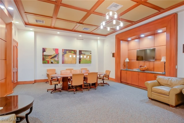 dining space featuring light colored carpet and coffered ceiling