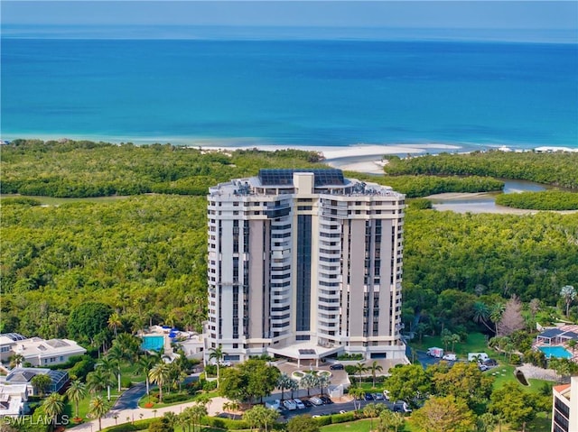 drone / aerial view with a water view and a view of the beach